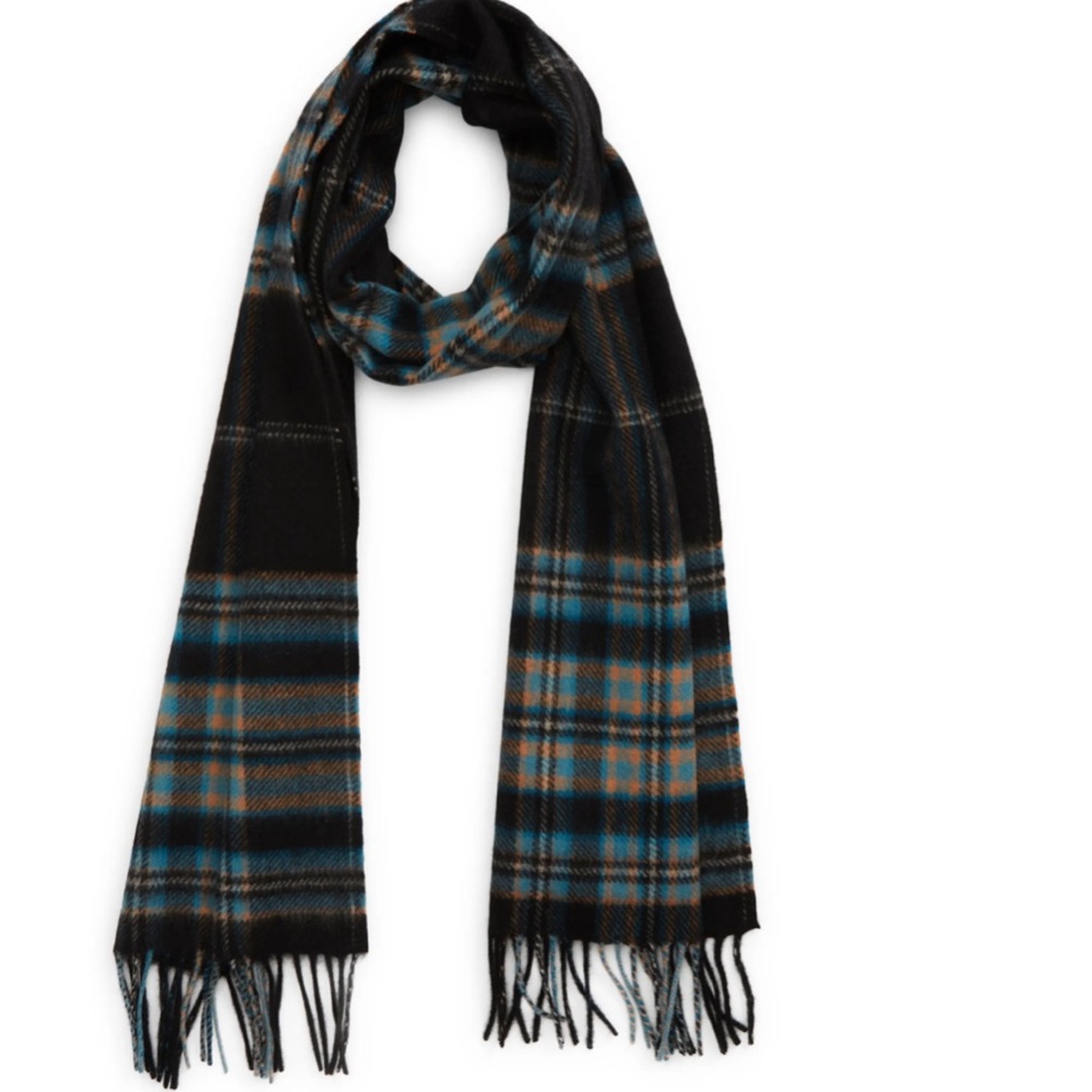 NORDSTROM MENS CASHMERE AND WOOL SCARF WITH FRINGE BLACK MAGIC TARTAN NWOT